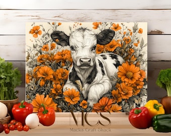 May include: A black and white calf with orange flowers surrounding it. The calf is lying down with its head turned to the side. The flowers are in full bloom and have a soft, watercolor-like appearance.
