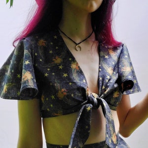 1970s Inspired Owl Crop Top / Tie Front Dark Academia Shirt / Handmade Halloween  Slow Fashion / Eco / Capsule Wardrobe / Witchy Clothing