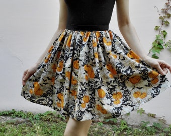 Pumpkins & Bats Full Skater Skirt - Halloween Themed Circle Skirt - Dark Academia Inspired Slow Fashion