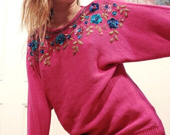 1980's knit batwing sweater w/ sequined floral collar