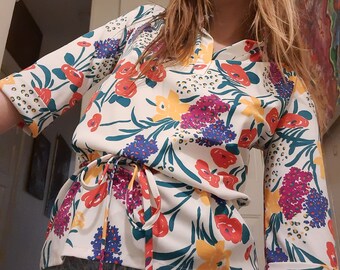 1970's retro floral tunic ~ top w/ matching tie