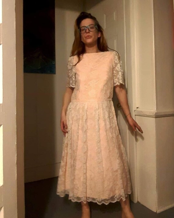 70's does 20's pink lace maxi dress