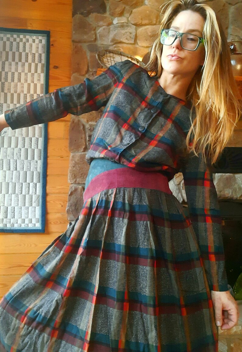1980/'s does 40/'s plaid tea dress w asymmetrical suede belt by Patty O/'Neil