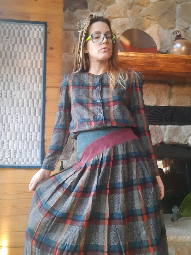 1980/'s does 40/'s plaid tea dress w asymmetrical suede belt by Patty O/'Neil