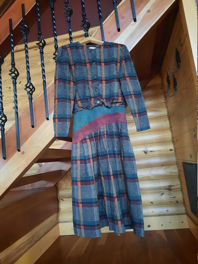 1980/'s does 40/'s plaid tea dress w asymmetrical suede belt by Patty O/'Neil