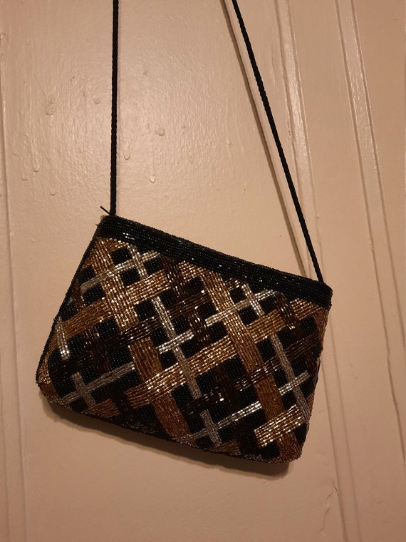 1980's beaded evening bag w/ metallic plaid design