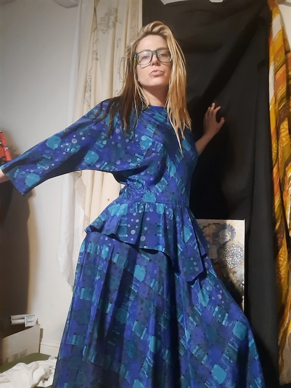 1980's geometric peplum maxi dress by Melissa Lane