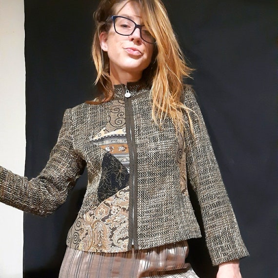 1990's Tweed style patchwork bomber jacket