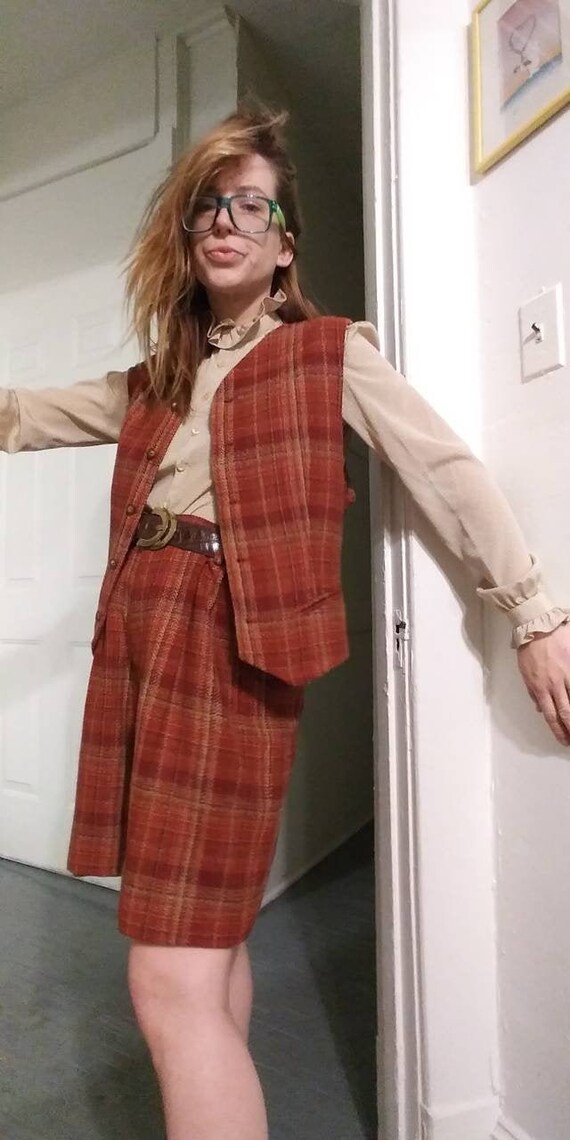 1990's orange plaid two-piece shorts & vest set by