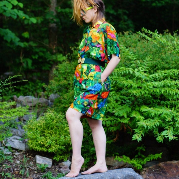 1980's tropical two piece shorts & blouse set
