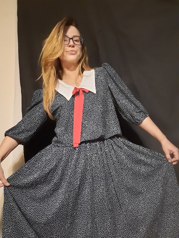80's does 40's schoolgirl dress w/ polka-dots & sa