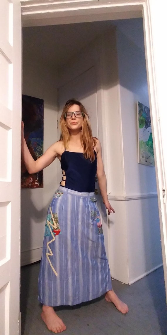 Denim maxi skirt w/ abstract patchwork