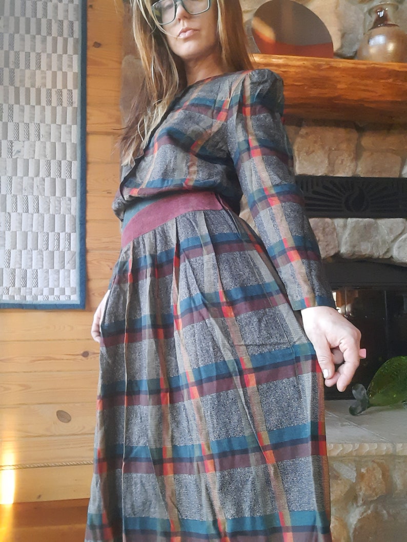 1980/'s does 40/'s plaid tea dress w asymmetrical suede belt by Patty O/'Neil