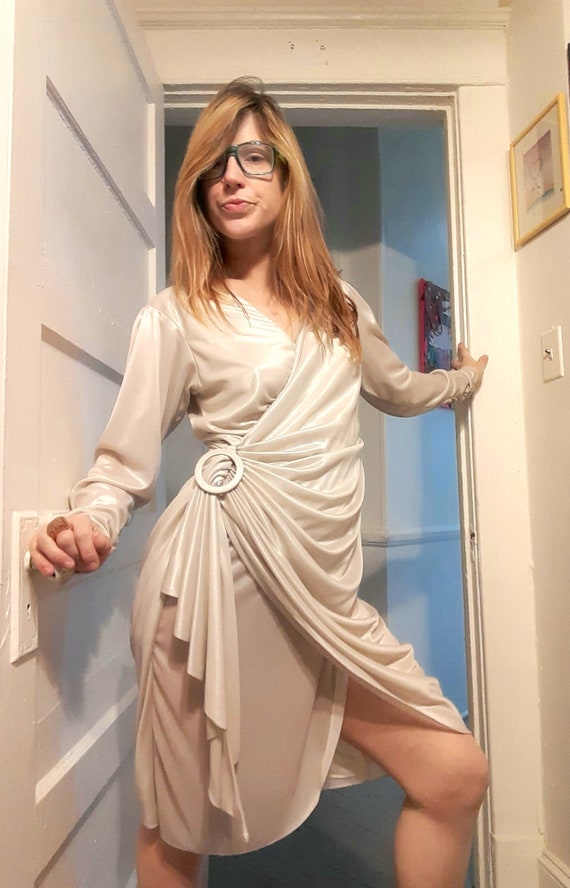 70's does 40's metallic wrap dress