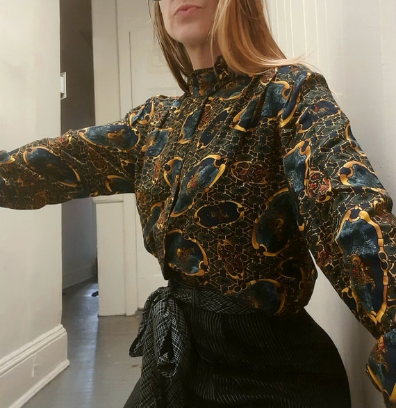 1980's equestrian themed silk Pendleton blouse