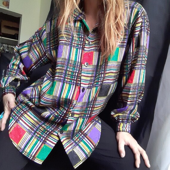 1980's plaid rainbow blouse w/ paisley weave