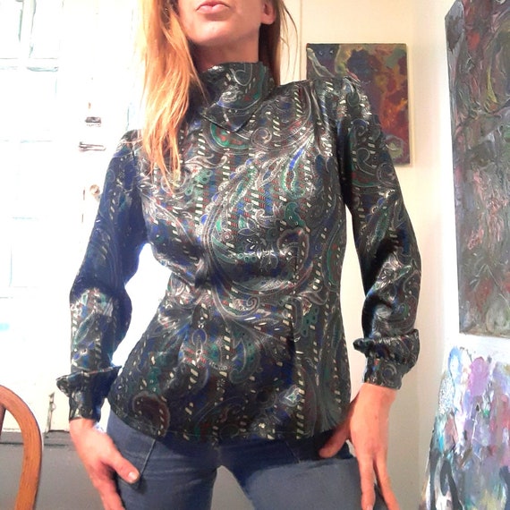 1980's metallic paisley mock neck blouse