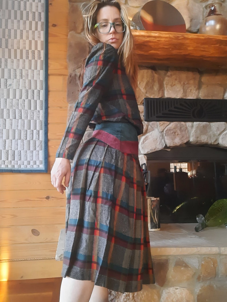 1980/'s does 40/'s plaid tea dress w asymmetrical suede belt by Patty O/'Neil