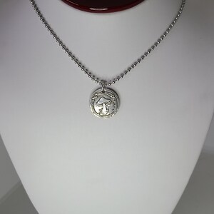 May include: A silver necklace with a round pendant featuring a detailed mushroom design. The pendant is surrounded by a delicate vine pattern.
