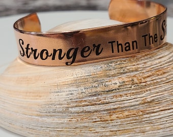 Engraved Copper Cuff Bracelet: Inspirational 'Stronger Than The Storm'