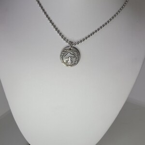 May include: A silver chain necklace with a round pendant featuring a detailed mushroom design.