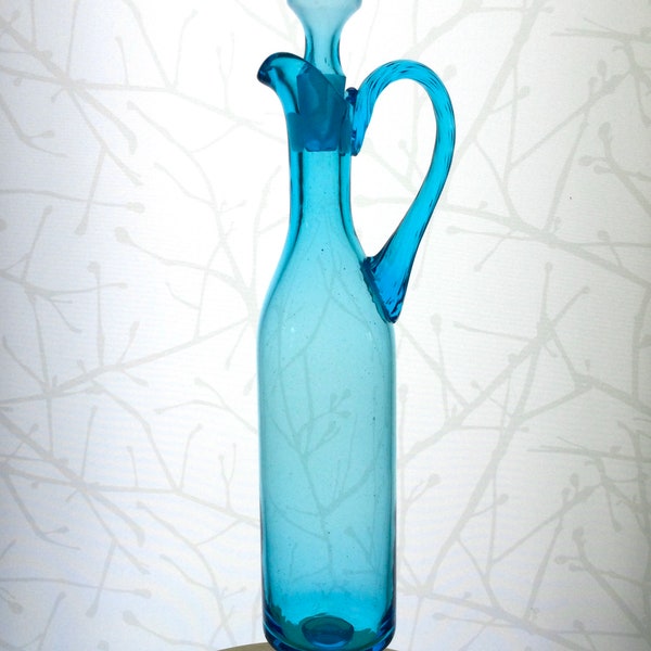 Mid Century Blown Glass Decanter 19" Empoli Retro Turquoise Aqua Blue