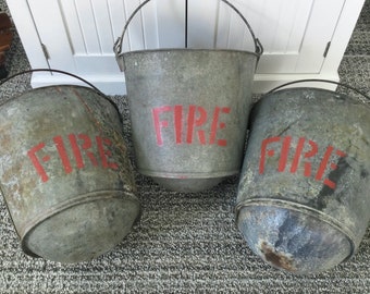 3 Antique FIRE Buckets Round Bottom Galvanized Pails w/Handle Vintage