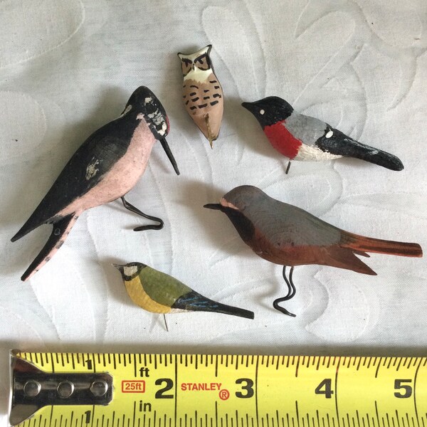 5 Small Folk Art Wood Bird Ornaments Germany Hand Carved Painted