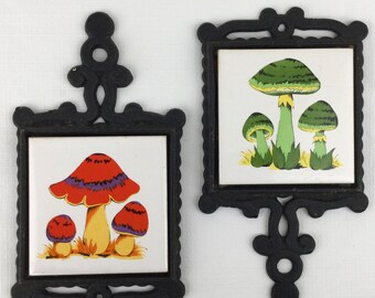 2 Vintage 1970s Mini Mushroom Trivet Set Tiles Retro Mid Century Small Merry Hot Plate