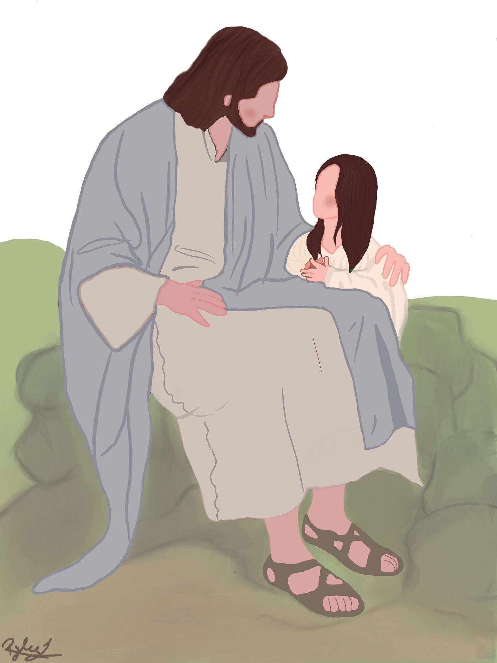 Christ with little girl digital painting. Etsy