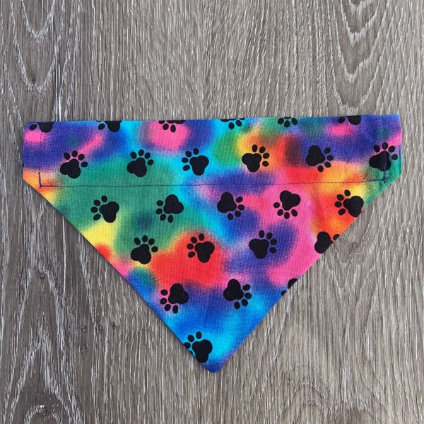 Rainbow Paw Print Dog Bandana Over the Collar, vibrant bandana, tie dye dog scarf, colorful bandana, retro dog scarf, tie dye dog bandana