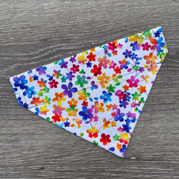 Rainbow Flower Dog Bandana Over the Collar, cute dog bandana girl, rainbow dog bandana, spring dog bandana, pride dog gear, floral dog scarf