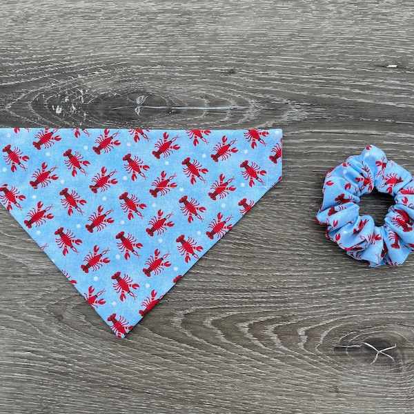 Lobster Dog Bandana Scrunchie Set Over the Collar, sea life bandana, dog scrunchie set, nautical dog, dog neckerchief, adventure bandana