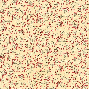 May include: A seamless pattern featuring small red berries and thin brown stems on a light yellow background.
