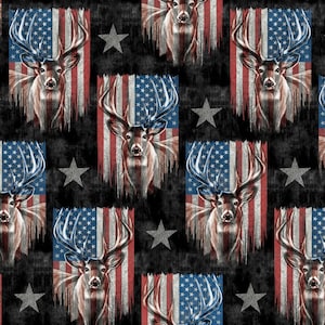 Fabric AMERICA BEAUTIFUL - Flag & Deer All Over - New!!  100% Premium Cotton