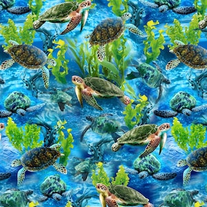 Fabric WADING SEA TURTLES - New!!  Gorgeous 100% Premium Cotton Always Continuous Cut For You!!