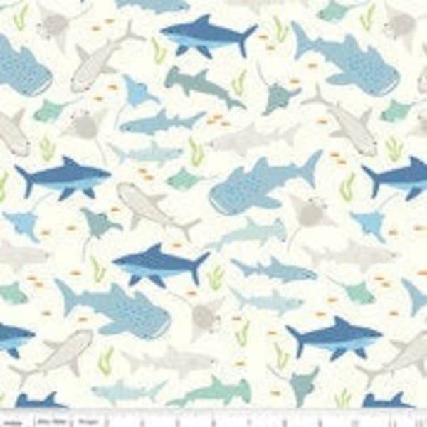 Fabric by the YARD - RIPTIDE - Sharks All Over - New!!!  Riley Blake Fabric