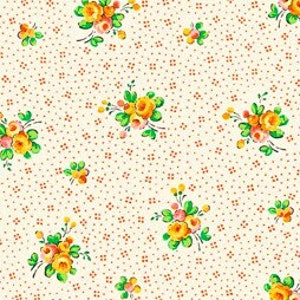 May include: A seamless pattern featuring small yellow and pink flowers with green leaves on a white background with a subtle red dot pattern.