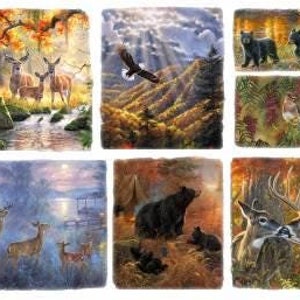 May include: A set of nine square coasters featuring various nature scenes. The coasters depict animals such as deer, bears, birds, and foxes in a variety of forest and woodland settings. The coasters are made of a natural stone material with a rustic finish.