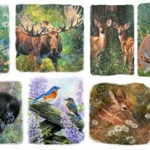 May include: Eight rectangular art prints depicting wildlife scenes. The images show a rabbit, moose, deer, foxes, bears, bluebirds, a fawn, and a bear by a stream, all set in natural environments.