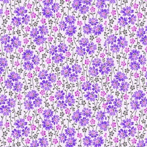 May include: A seamless pattern featuring a white background with a repeating design of small purple flowers with gray stems.