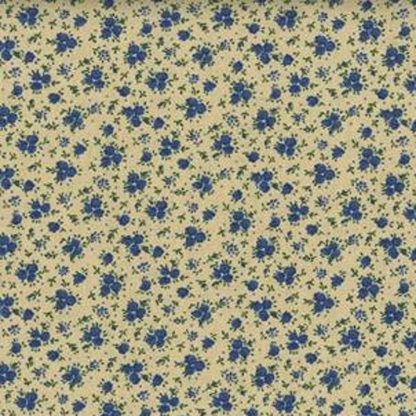 Fabric by the Yard - Vintage Look Tiny BLUE FLORAL on BEIGE!! New!!!