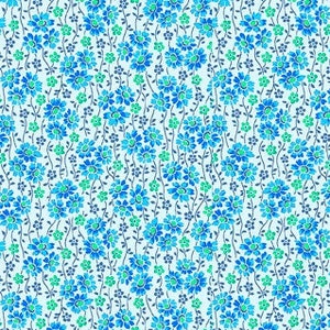 May include: A fabric with a repeating floral pattern. The design features small, clustered flowers in shades of blue and teal against a light blue background. The flowers are connected by thin, dark stems, creating a dense, all-over pattern.