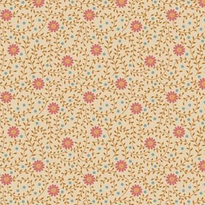 May include: A fabric with a repeating floral pattern. The design features pink flowers, small blue dots, and brown vines on a beige background. The pattern is measured in inches.
