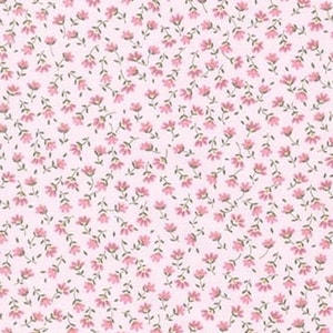 May include: A fabric with a repeating pattern of small pink flowers and green stems on a light pink background. The floral design is evenly distributed across the fabric, creating a delicate and feminine aesthetic. The fabric appears to be cotton or a similar material.