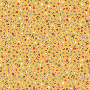 May include: A seamless pattern featuring a mustard yellow background densely covered with tiny floral and fruit motifs. The design includes red cherries, pink flowers, white blossoms, and blue leaves, creating a cheerful, all-over print.
