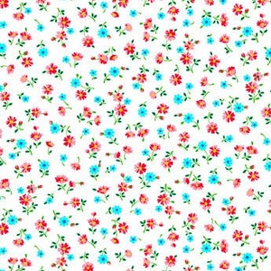 May include: A seamless pattern featuring small, scattered pink and blue flowers on a white background. The flowers are stylized and have a simple design.