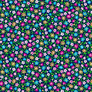 May include: A seamless pattern of tiny flowers in shades of pink, blue, yellow, and white on a dark blue background.
