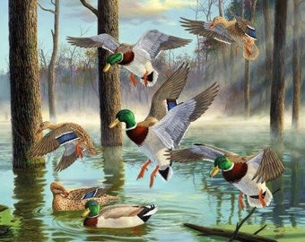 PILLOW QUILT FABRIC PANELS~Game Ducks~Mallard~WILD  PAIRS~Cattails~POND~River~