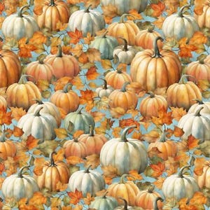 May include: A watercolor pattern featuring a variety of pumpkins in shades of orange, white, and green, interspersed with autumn leaves. The pumpkins vary in size and shape, creating a seasonal, fall-themed design.